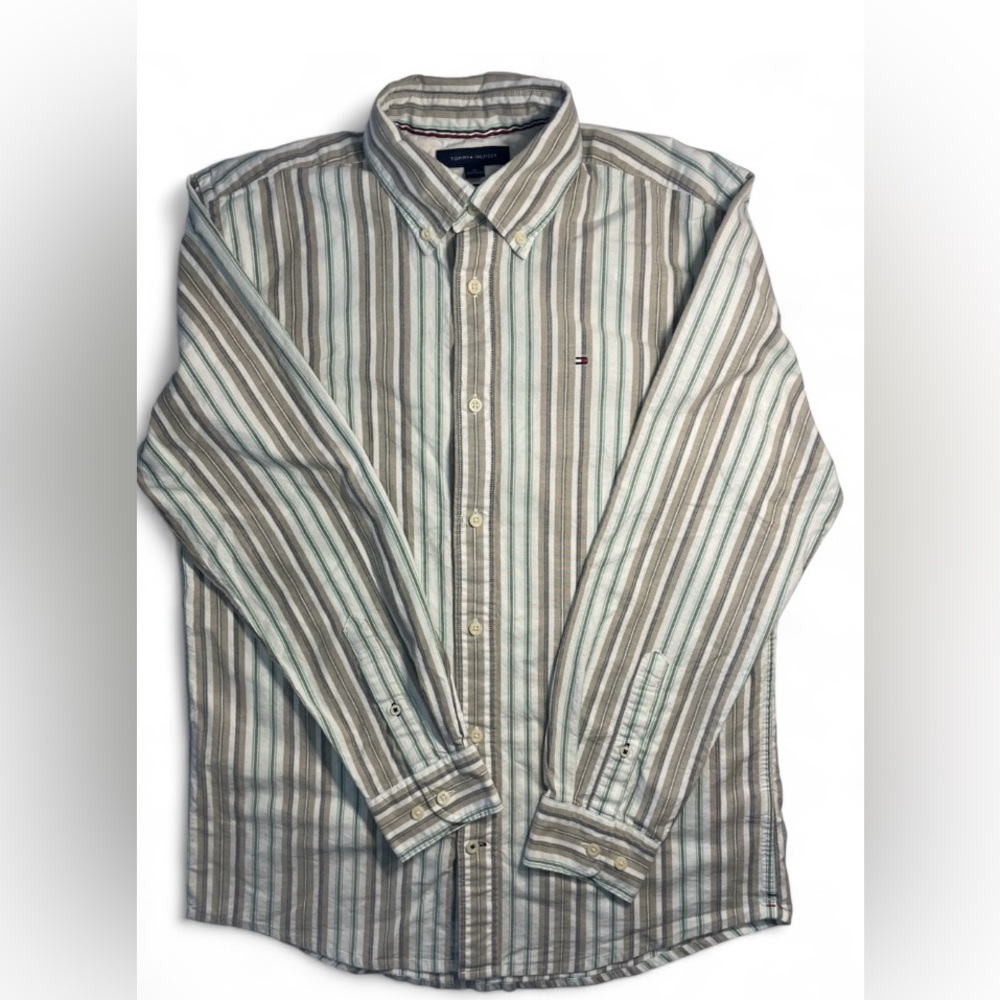 Tommy Hilfiger Long-Sleeve Striped Button-Down Shirt - Green & Beige